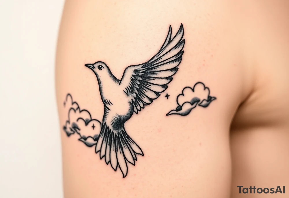 Dove and a blue jay, clouds, shining light to or from heaven tattoo idea