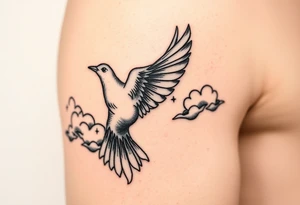 Dove and a blue jay, clouds, shining light to or from heaven tattoo idea