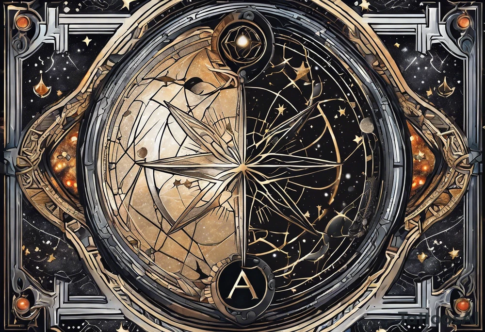 Matter, energy, space and time with an old stone theta symbol with stars in the background and Scorpio constellation tattoo idea