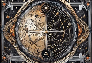 Matter, energy, space and time with an old stone theta symbol with stars in the background and Scorpio constellation tattoo idea