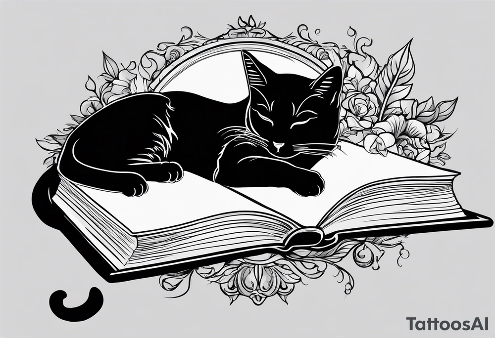 black sillhouette cat sleeping with a book sleeve tattoo tattoo idea