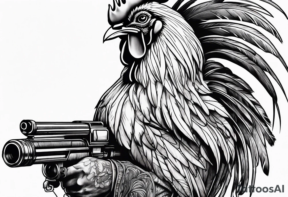 rooster holding a machine gun tattoo idea
