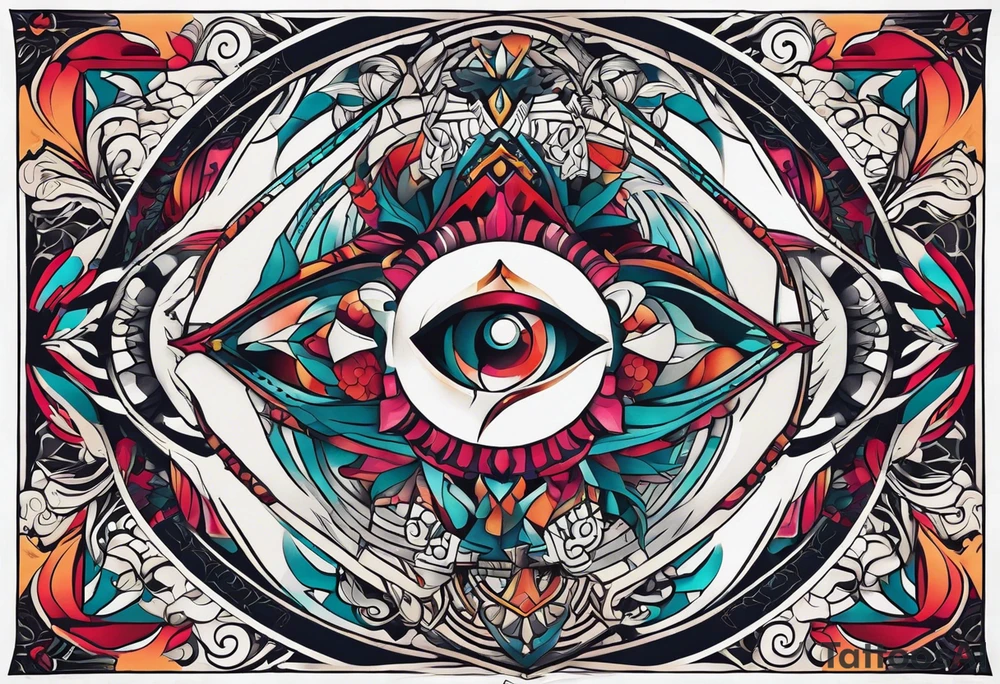 Bold geometric tapestry trident in colour on arm tattoo idea