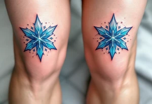 Icy blue eight-point stars with light gray accents, centered on each kneecap, resembling frost or snowflakes with a crisp, cold feeling. tattoo idea
