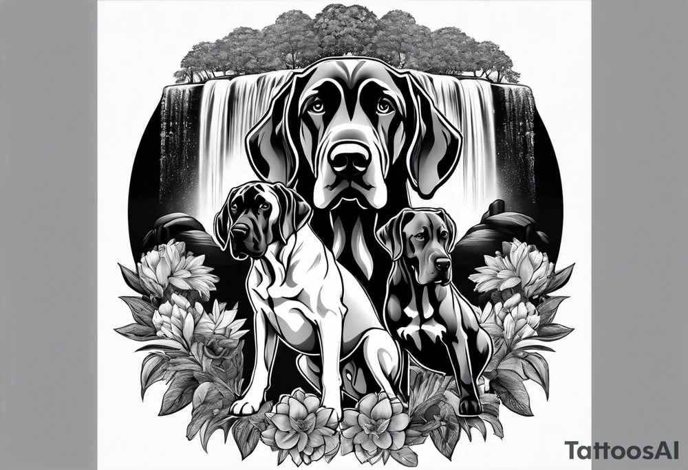 Arm sleeve- with four Great Danes in front of waterfall tattoo idea