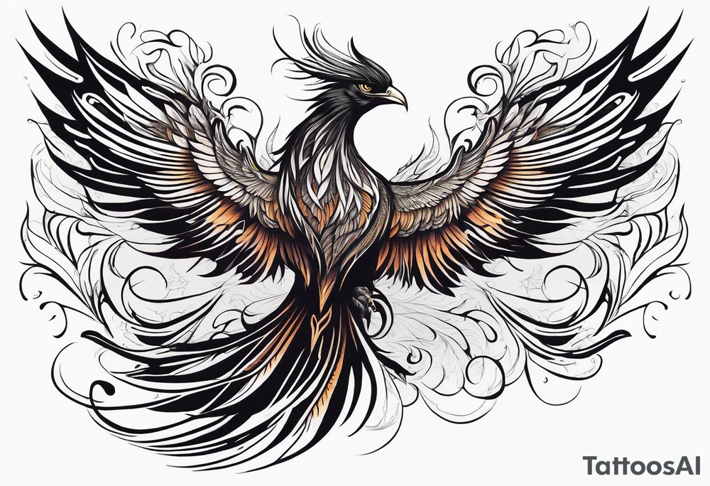 Tattoo: A powerful, majestic phoenix, depicted mid-flight or rising, with wings extended and feathers flowing. Deep shading and intricate details to bring out the texture and motion of the feathers. tattoo idea
