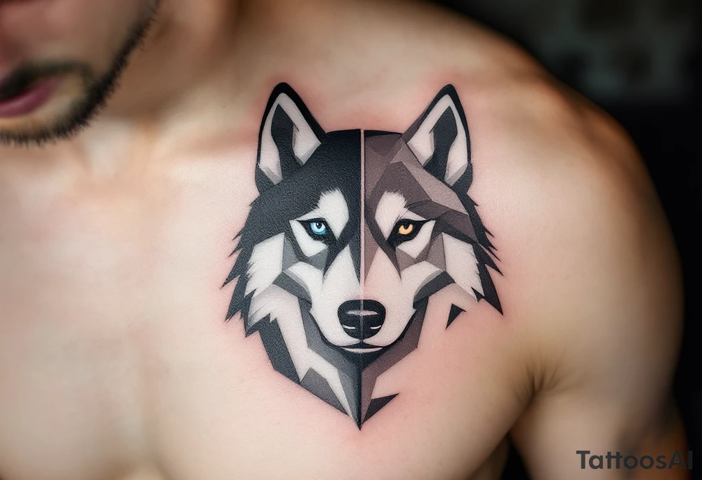 Geometric Husky – Symmetrical face split into gray fur realism on one side, abstract angular shapes on the other, mostly in black and cool gray ink. tattoo idea