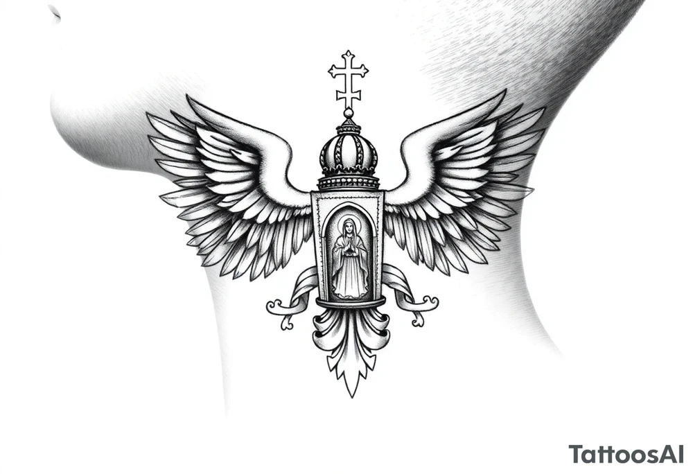 russian coat of arms double headed eagle traditional christian orthodox cross with a virgin mary stood in the entrance of a russian orthodox dome church on the side of the neck in a wilderness setting tattoo idea