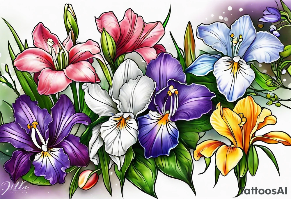 i want a bouquet of flowers that include a snowdrop, iris, cherry blossom, daisy and morning glory tattoo idea