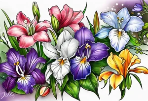 i want a bouquet of flowers that include a snowdrop, iris, cherry blossom, daisy and morning glory tattoo idea