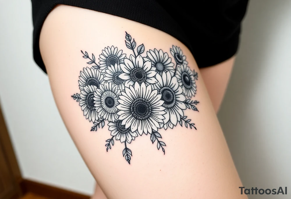 Bouquet of sunflowers, water Lillies, dahlias, marigolds, carnations, hydrangeas, daisys, and chrysanthemums tattoo idea