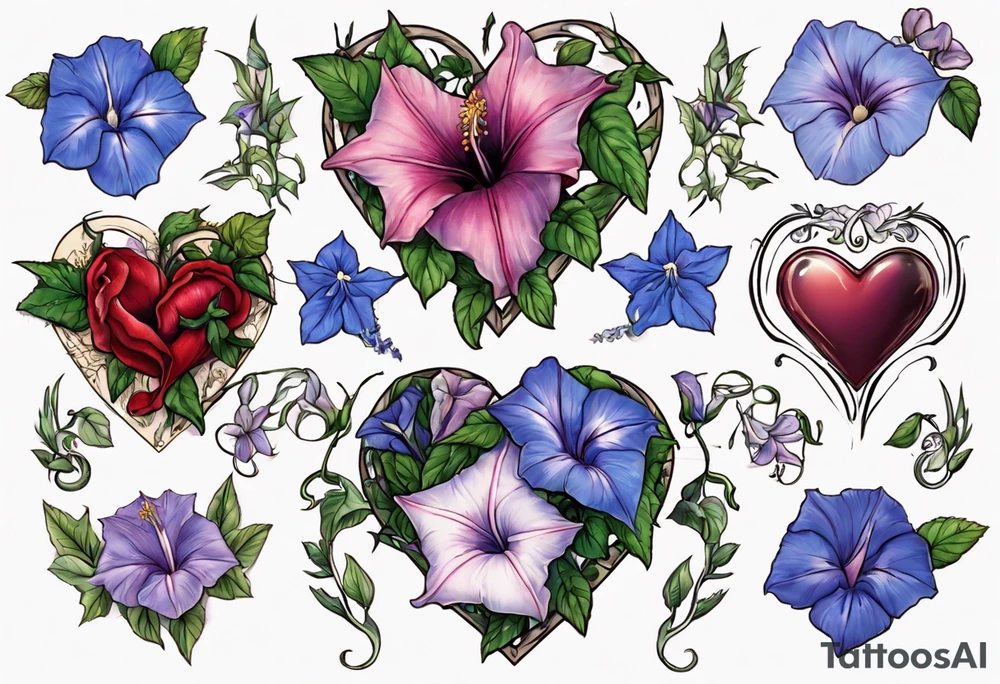 Morning glory and larkspur in a heart tattoo idea