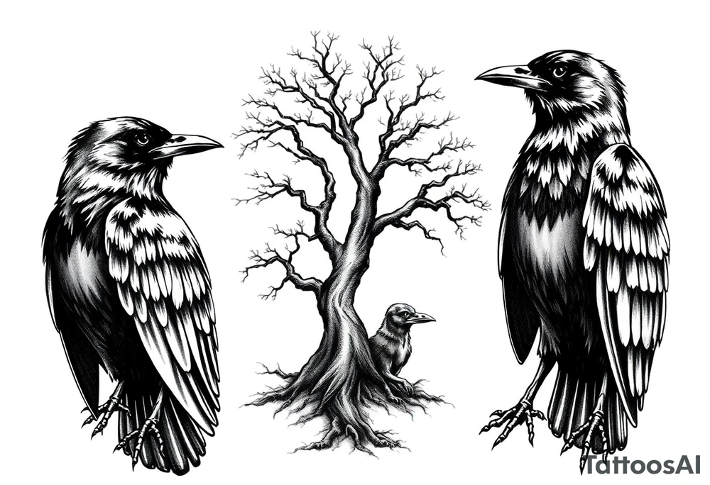 Irish non religious, 3 ravens, or dogs and tree incorporated tattoo idea