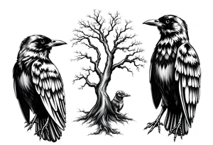 Irish non religious, 3 ravens, or dogs and tree incorporated tattoo idea