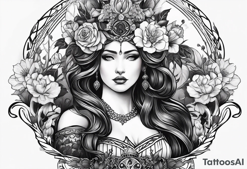persephone goddess theme tattoo with a dark or gothic perspective. Include pomegranate, flowers and her being the queen of the underwood tattoo idea