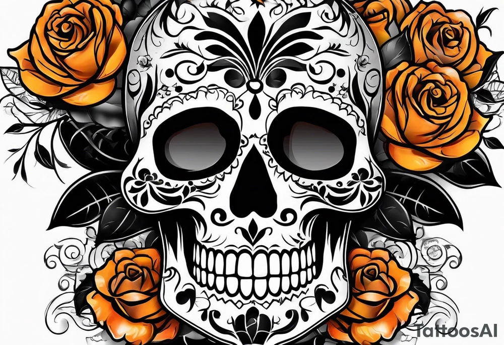 Sugar skull with roses that are orange and black tattoo idea Sugar skull with roses that are orange and black tattoo idea