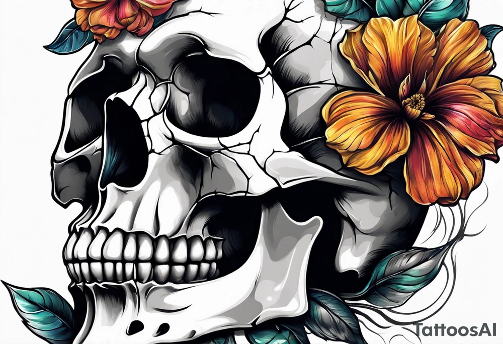 skull with one flower growing out of its head tattoo idea
