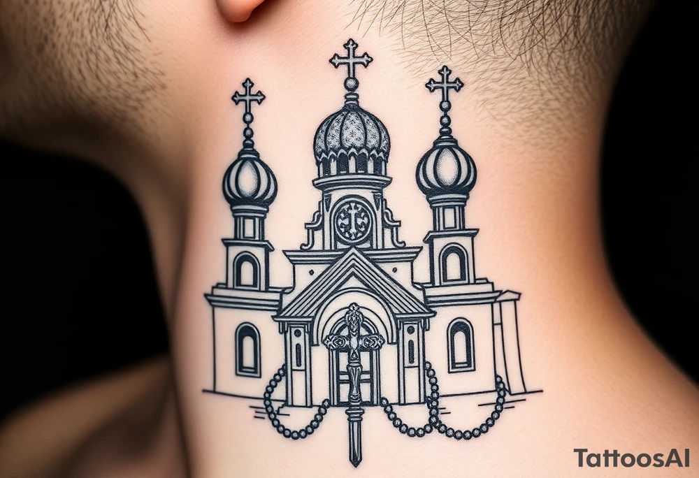 russian orthodox church with the crosses above being christian orthodox but in a AK47 style with a beaded orthodox thurible chain tattoo idea