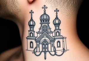 russian orthodox church with the crosses above being christian orthodox but in a AK47 style with a beaded orthodox thurible chain tattoo idea