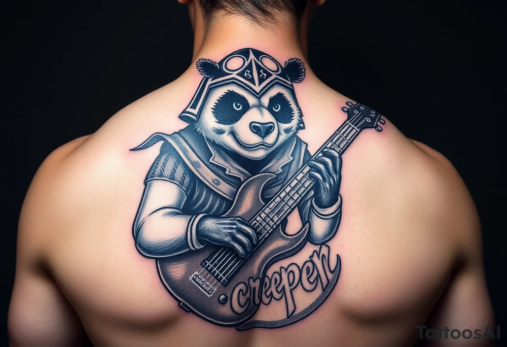 Luchador panda holding a broken bass guitar and the word creeper tattoo idea