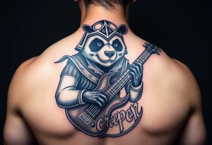 Luchador panda holding a broken bass guitar and the word creeper tattoo idea