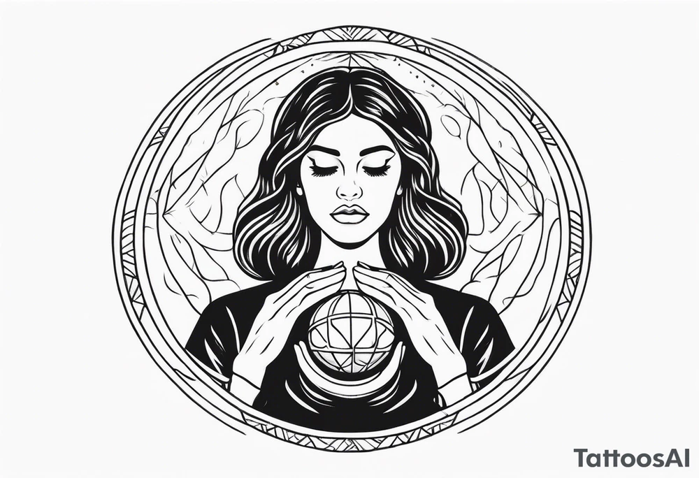 Woman , hands over head , holding orb of life tattoo idea