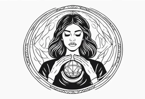 Woman , hands over head , holding orb of life tattoo idea