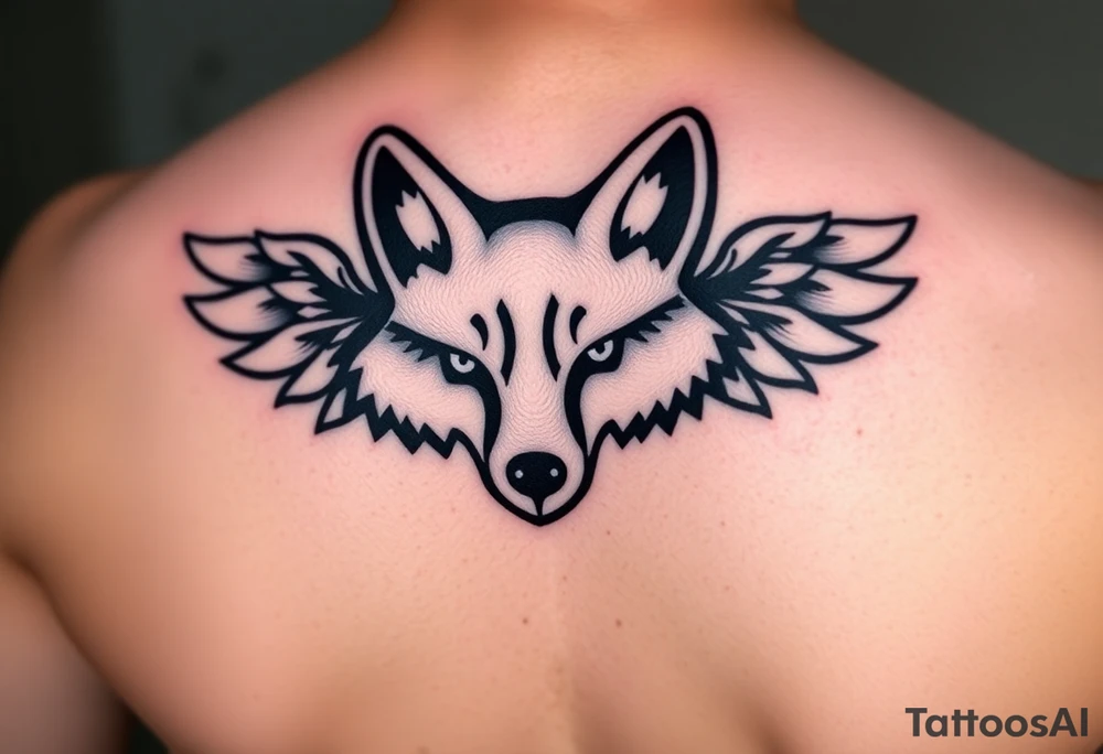 Fox racing head logo wrapped in angel wings and as one of the fox symbols ears put a thumbprint heart with a teal and purple ribbon also around the white tattoo put a lime green glow the fox head needs to be the fox racing logo tattoo idea