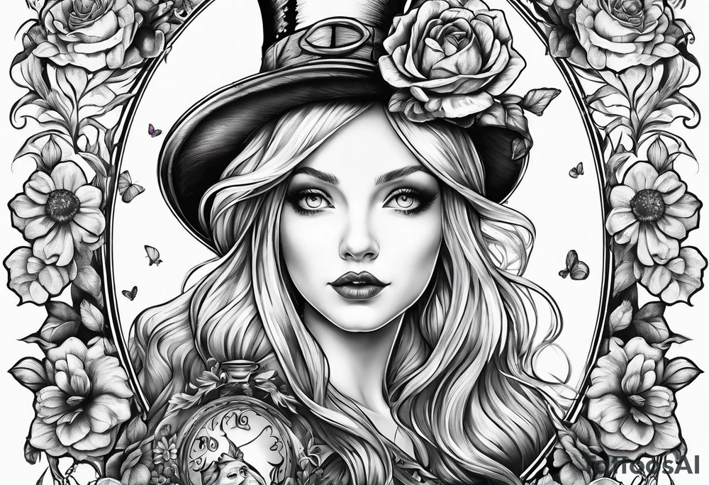 Alice in wonderland through a looking glass with flowers everywhere tattoo idea