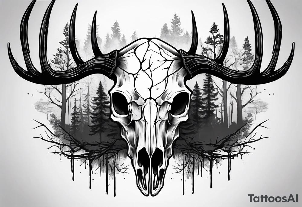 A frightening horror DECAYING deer skull JUST BONE side profile surrounded by a forest fire in background tattoo idea