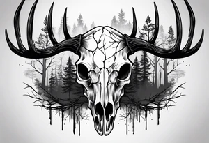 A frightening horror DECAYING deer skull JUST BONE side profile surrounded by a forest fire in background tattoo idea