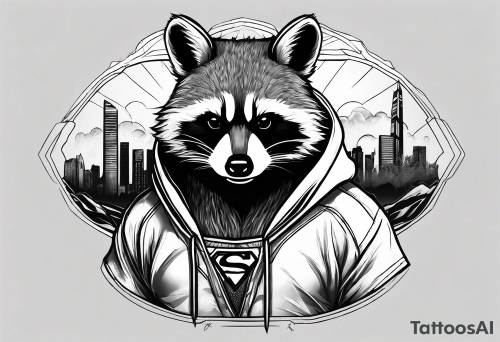 raccoon wearing a Superman hoodie tattoo idea