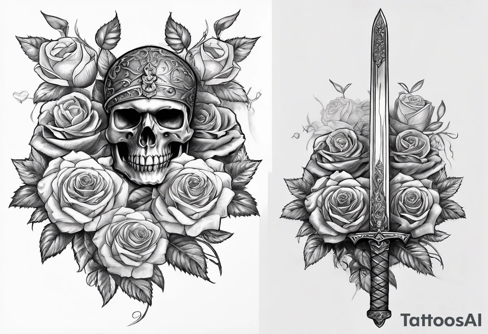 Sword and skull wrapped in roses tattoo idea