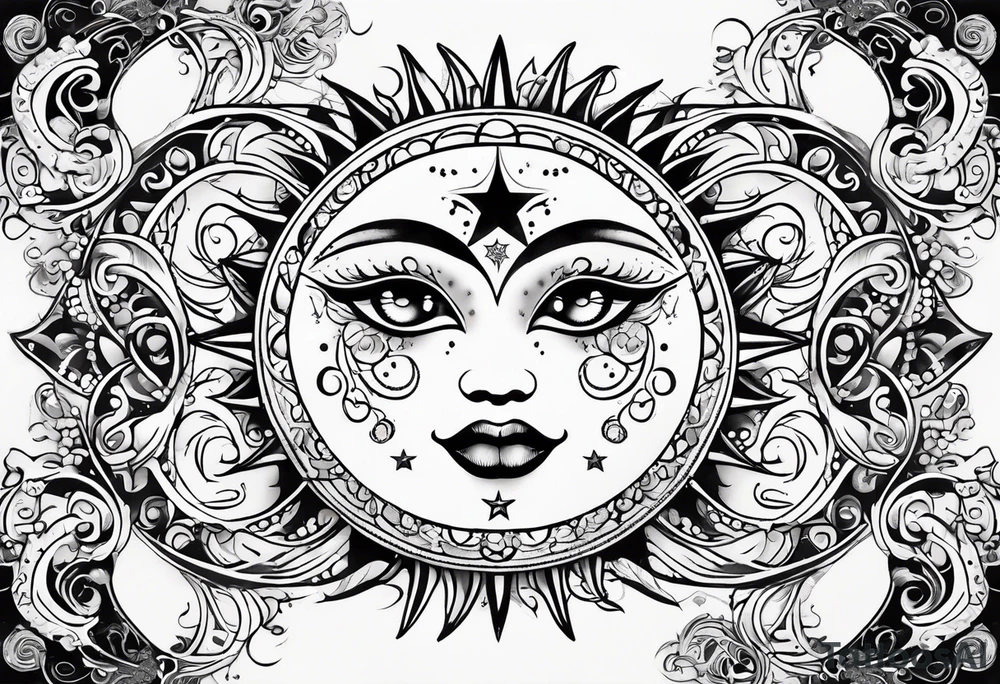Feminine Sun and moon. long rectangular sternum swirls with dots and stars tattoo idea