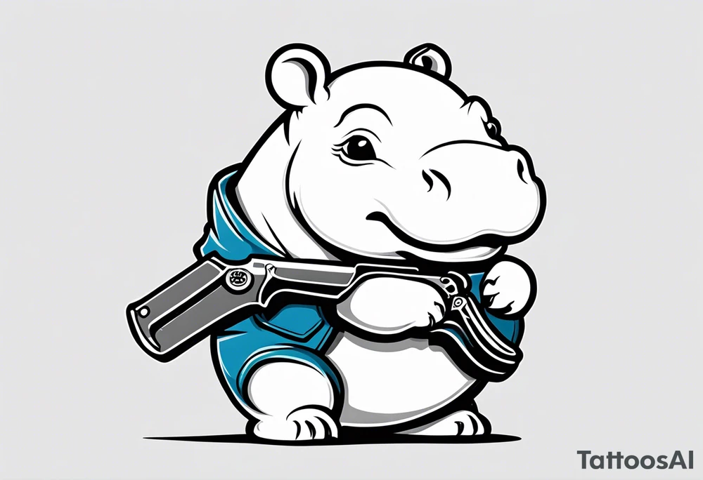 Baby hippo wearing overalls and holding a weapon tattoo idea