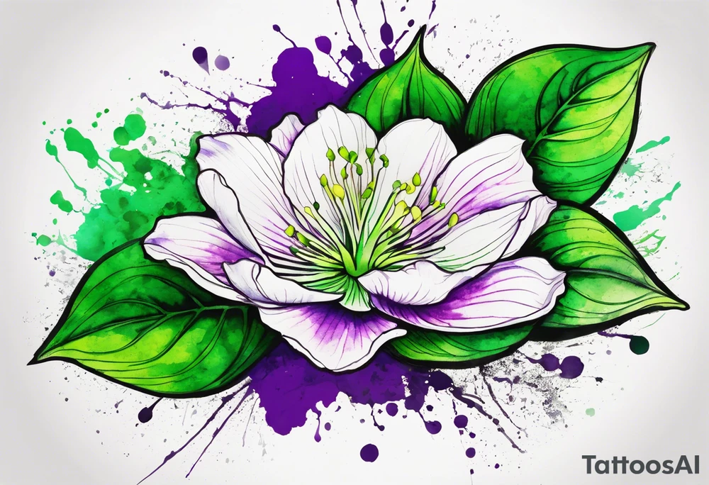 An outline of a green rio dipladenia flower and a green and purple watercolor splash in the background tattoo idea