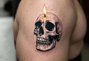 A candle slowly melting on a skull in black and white, the flame in soft orange and yellow with "memento mori" underneath. tattoo idea