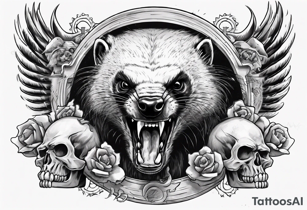 An angry, snarling, detailed honey badger with its muzzle forward against the background of skulls collected in wings tattoo idea