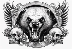 An angry, snarling, detailed honey badger with its muzzle forward against the background of skulls collected in wings tattoo idea