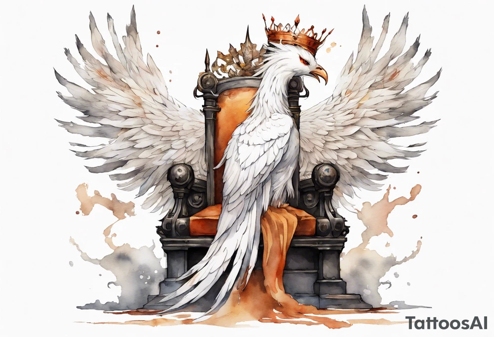 a white phoenix wearing rusty iron crown, perched on a throne tattoo idea