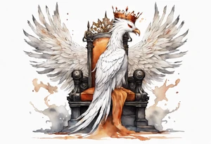a white phoenix wearing rusty iron crown, perched on a throne tattoo idea