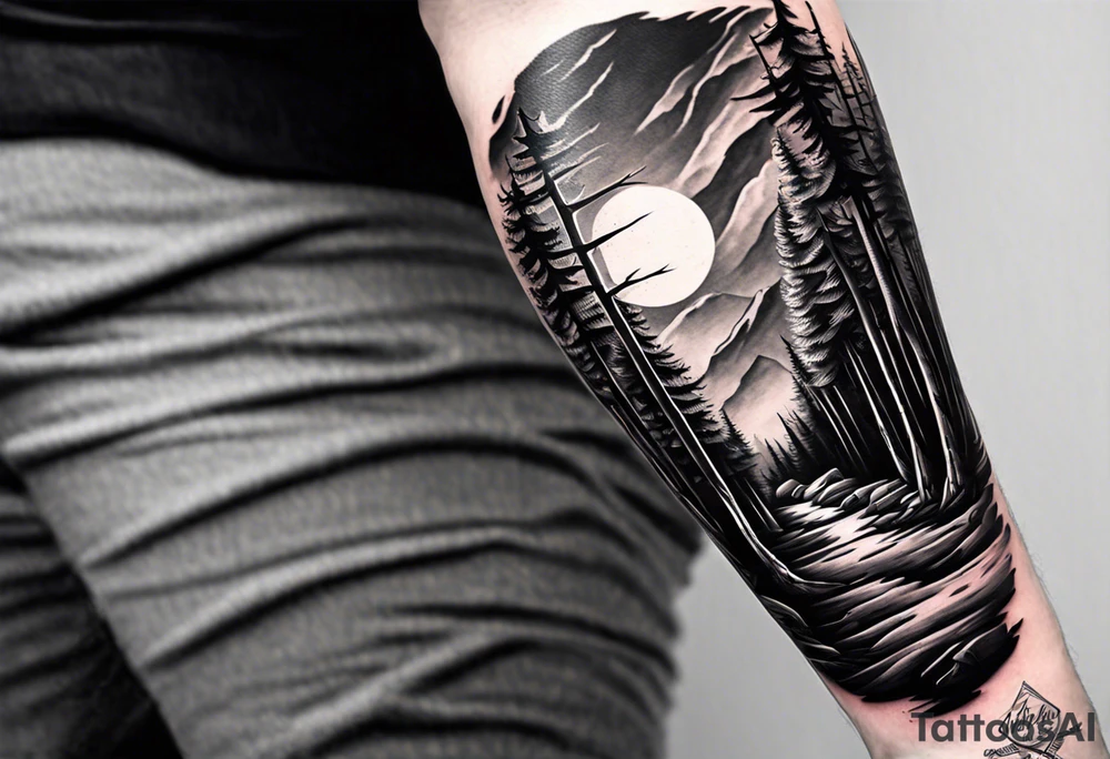forearm sleeve, time, stairs, forest tattoo idea