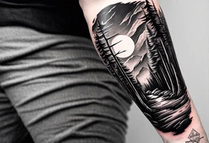 forearm sleeve, time, stairs, forest tattoo idea