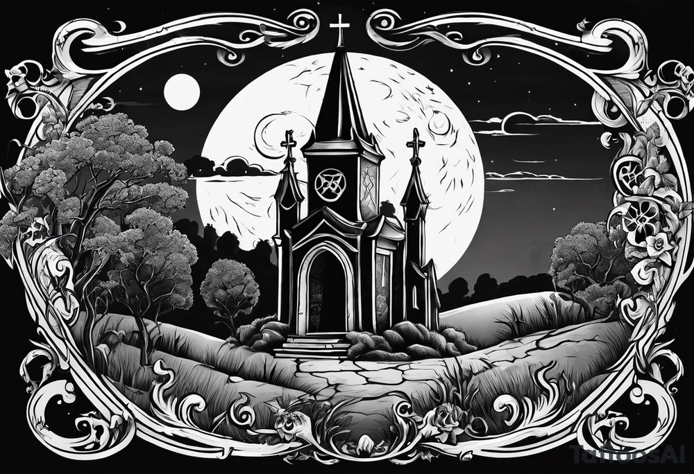 graveyard with moon with the words death where is your sting tattoo idea
