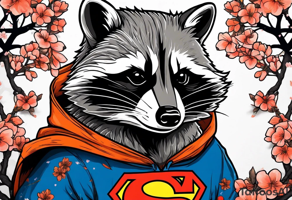raccoon wearing a Superman hoodie with black and white logo and orange Japanese cherry blossoms tattoo idea