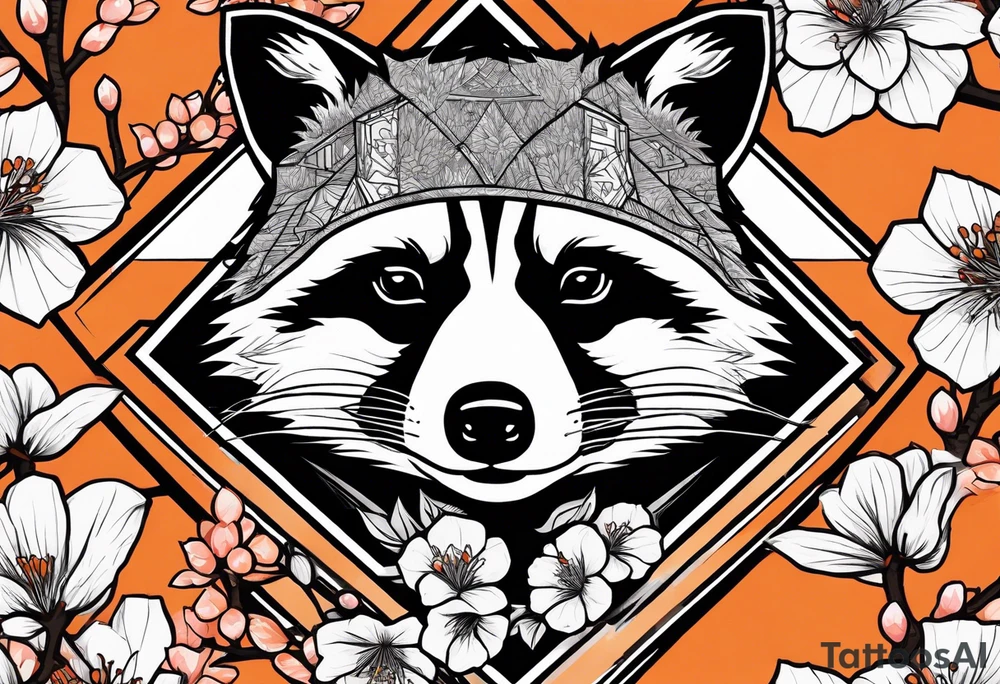 Raccoon wearing a white Superman logo on a black hoodie and orange Japanese cherry blossoms tattoo idea