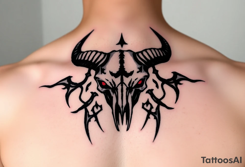 Evil Abstract looking taurus skull chest tattoo with red eyes tattoo idea