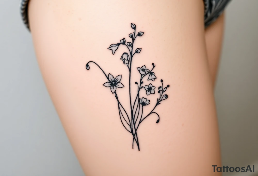 Simple small design in black bunch of flowers individual stems 1 lily of the valley 1 daffodil 1 December holly bush 1 larkspur tattoo idea