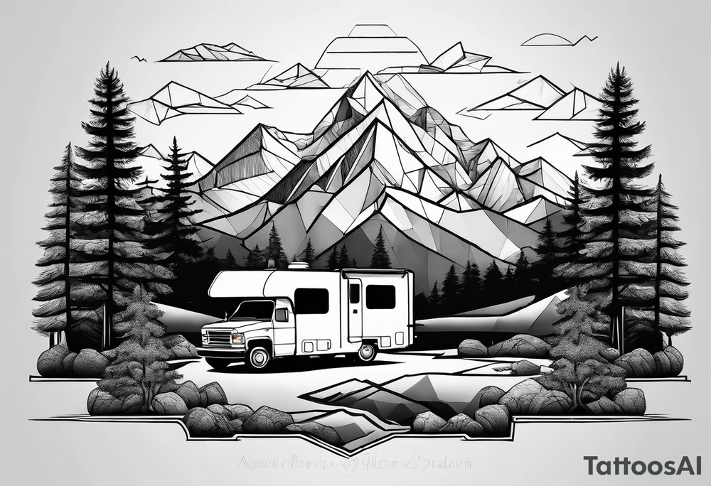 geometric mountains with an rv/truck and trees tattoo idea geometric mountains with an rv/truck and trees tattoo idea