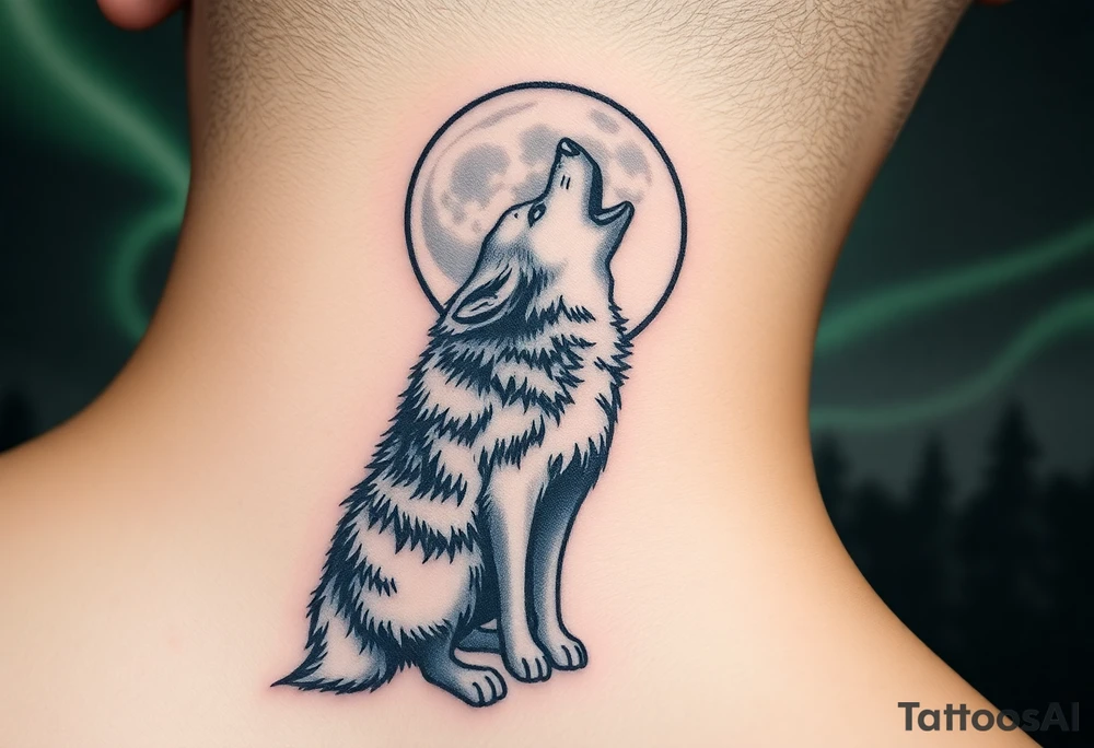 lone wolf howling at full moon with northern lights backdrop tattoo idea